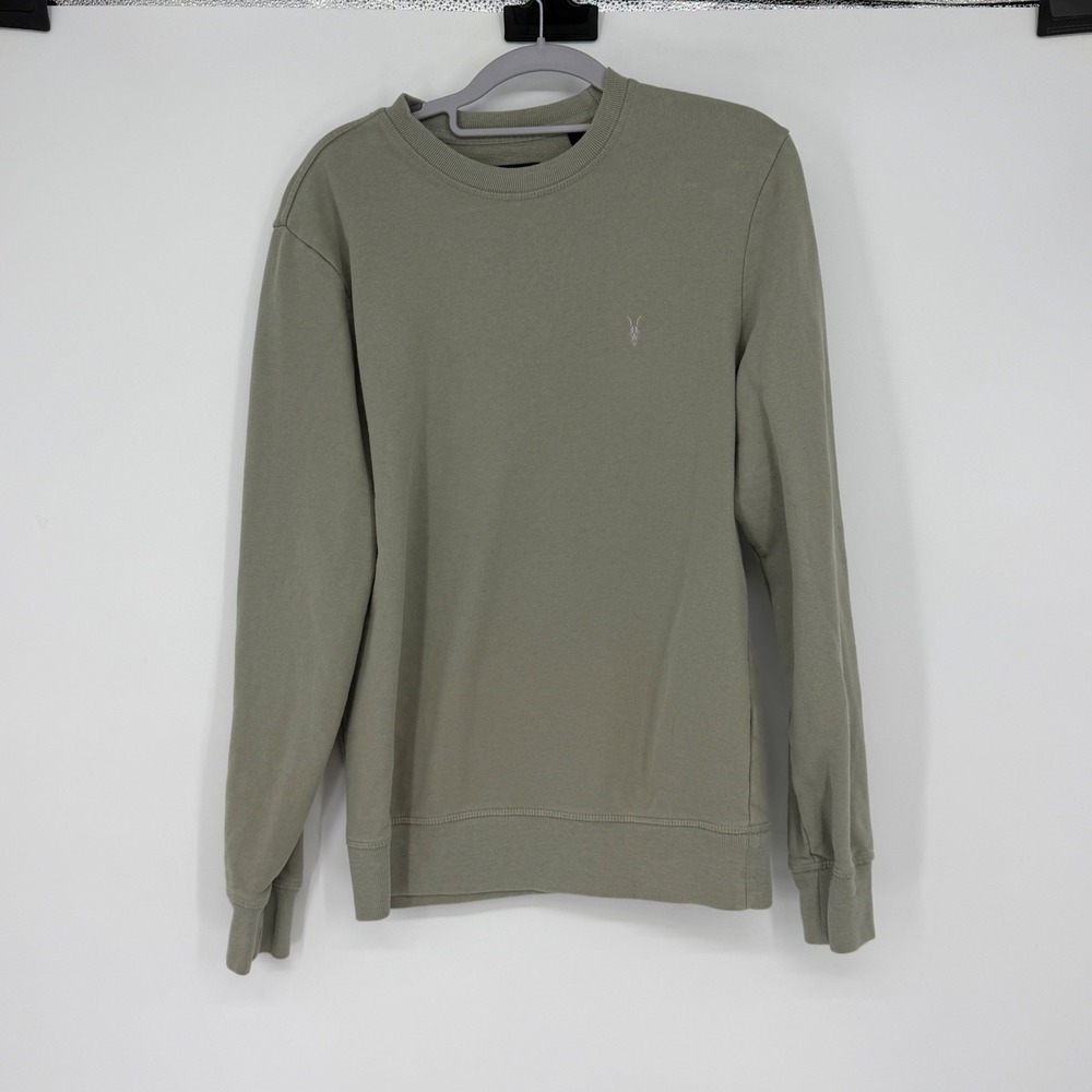 AllSaints Sweatshirt XS Olive Green Crewneck Organic Cotton Minimal Logo